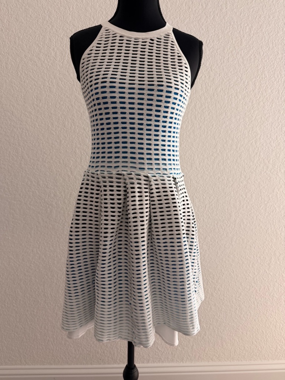 Parker NY Lorraine White Knit Skater Dress | Lattice Texture Pleated Fit Dress